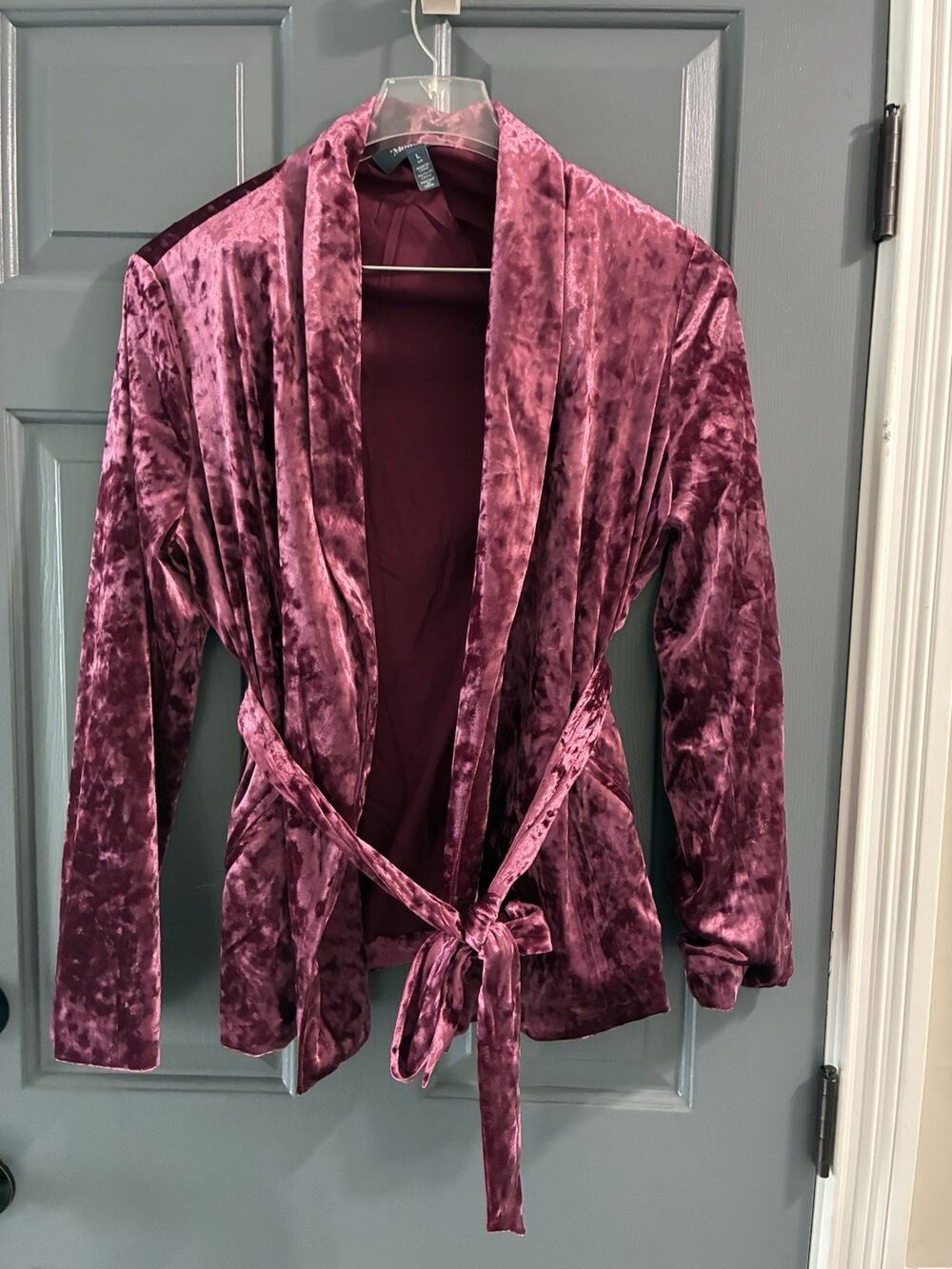 ModCloth Crushed Velvet Wrap Blazer Women's Lg Burgundy Wine Belt Jacket Holiday
